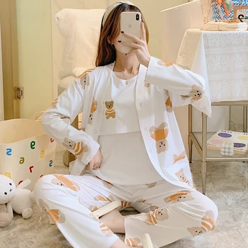 100% Bumbac cu Desene Imprimate Maternitate Sleepwear 3PCS Set Pijamale, Costume de Haine pentru Femeile Gravide în timpul Sarcinii, Acasa, Somn 8