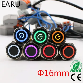 16mm Alumină Negru Lumina LED-uri Impermeabil din Metal Comutator Buton de Blocare de Moment Fixare Lumina LED-uri 3-380V 24V Rosu Albastru Verde