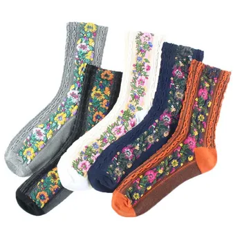 1Pairs Epocă Etnice Flori Șosete de Bumbac pentru Femei Primavara Florale Colorate Confortabil Doamna Calcetines Harajuku Girls Toamna 3