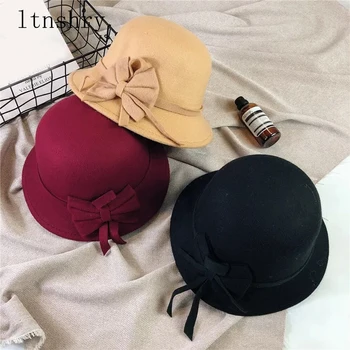 2019 Nou Elegant De Flori Femei Rotund Capac Melon Imitație De Lână Bowknot Pălării Găleată Pălărie De Epocă Refuz Chapeu Feminino Gorra 15