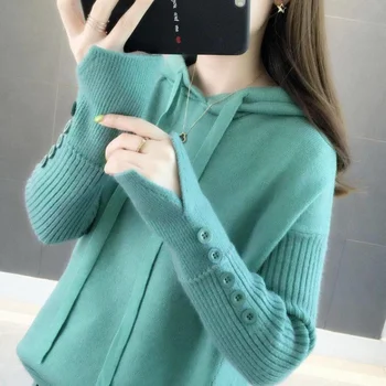 2021 nou toamna iarna cu gluga pentru femei pulover topuri coreean pulover vrac Tricotaje casual culoare Solidă de sex Feminin pulover scurt haina 4