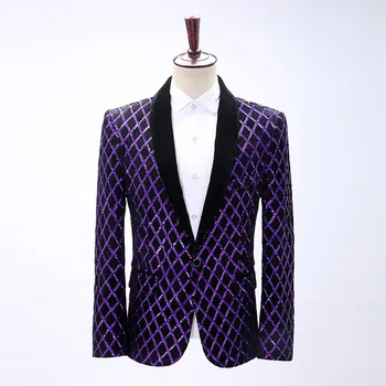 2022 Barbati Nou de Catifea Violet Diamant Zăbrele Paiete blazer Deține Cantareata de Performanță Etapă blazer 15