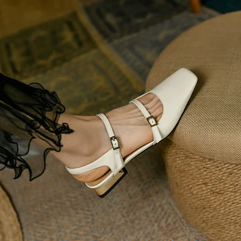 2022 Pantofi de Vara pentru Femei Square Toe Toc Gros Sandale Femei din Piele de Brevet Culori Amestecate cu Toc mic de Vin Rosu/Bej Pantofi pentru Femei 9