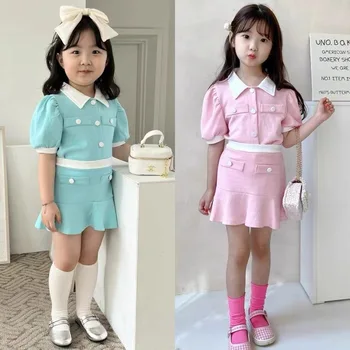 2022 Vara Fete coreene Guler de Turn-down Costume Tricotate Costume de Rever cu mâneci Scurte, Fuste copii Haine Copii haine de fata