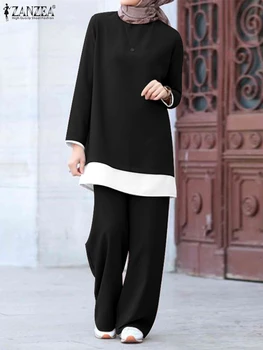 2022 ZANZEA Două Seturi de Piese pentru Femei Outifits Musulman Abaya Costume cu Pantaloni Haine Islamice Toamna Mozaic Maneca Lunga Bluza se Potriveste 4