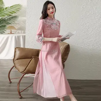 2023 etnice brodate rochie de arta retro ceai rochie îmbunătățit cheongsam vietnam aodai rochie slim 11