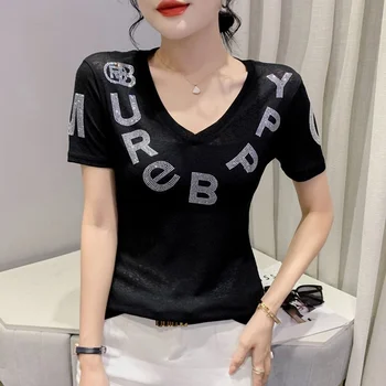 #5280 Diamante Litere Strans Tricou Femei V-neck Moda coreeană Tricou Maneca Scurta de sex Feminin Subțire Elastic de Bumbac T-shirt Femei