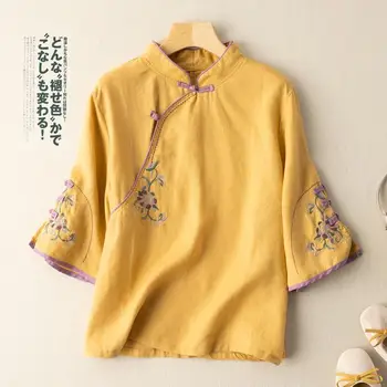 5colors Femei Stil Chinezesc Broderie Qipao Topuri Retro Lenjerie de pat din Bumbac Tricouri Ceai Zen Haine Cheongsam T-shirt Bluza Haine 14