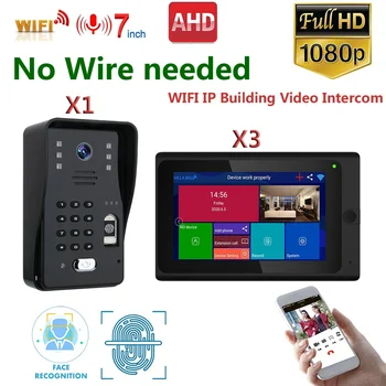 7inch Wireless WIFI Ușă Video Sonerie Telefon IP, Sistem de Interfon,1080P AHD ,500 de amprente,500 de Recunoaștere a Feței a debloca