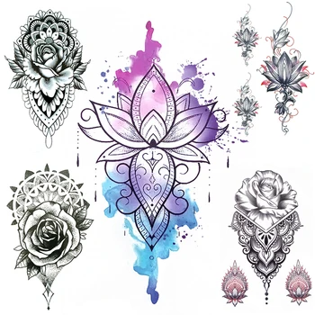 Acuarelă Lotus Fals Tatuaje Temporare Pentru Femei DIY Henna Mandala Floare Trandafir Tatuat pe Piept Mâna Dantela Impermeabil Pandantive Tatoo 9
