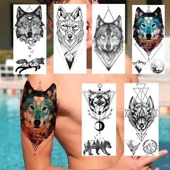 Acuarelă Lup Tatuaje Temporare Autocolant Pentru Femei Barbati False Rezistent La Apă Corpul De Artă Brațul Tatuaje Geometrice Munte Planete Tatuaje 14