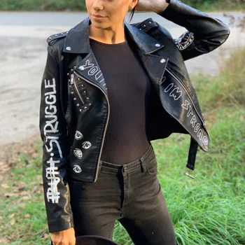 Ailegogo 2022 Noi de Toamna pentru Femei Faux din Piele Moale Jachete Paltoane Lady Black PU Nit cu Fermoar epolete structure de forta de imprimare 3D Motocicleta de Streetwear