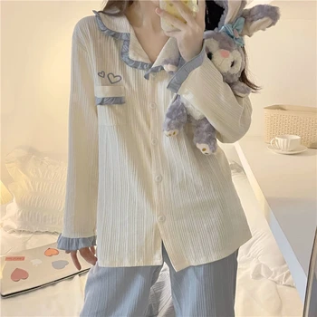 Alb Albastru Cu Maneci Lungi Set De Pijama Femei De Primavara Toamna Doamnelor Pyjama Costum Pantaloni Lungi Fete Dulci Pijama Uzura Acasă Sleepsuit 1