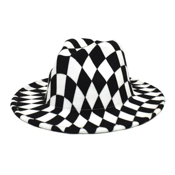 Alb-negru carouri Fedora Pălărie Margine Largă Simțit Pălărie Panama Fedoras Femei Barbati Cowboy Trilby Derby Hat Capace de Bumbac Pălărie Jazz 15