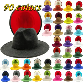 albastru rosu jos margine largă pălărie Panama pălărie de fetru pentru bărbați jazz pălărie biserica capacul de sus britanice femei pălării pălării pentru bărbați шляпа женская 15