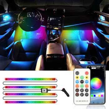 APP Auto Interior Lumini Ambientale, masina de decoratiuni interioare lumină de Neon LED Strip Picior de Lumină cu USB Wireless de la Distanță de Muzică Auto 8
