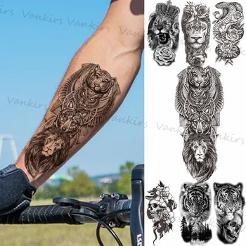 Black Lion, Tiger Bufnita Lup Tatuaje Temporare Pentru Bărbați Antebrațului Femei Floare Trandafir Craniu Pădure Șarpe Fals Autocolant Tatuaj Tatuaje Braț