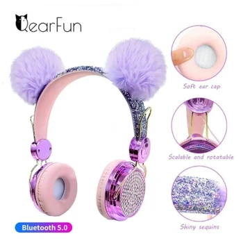 Bling Căști fără Fir Bluetooth Fete cu Fir Căști cu Microfon pentru Copii de Lux Sclipici Drăguț Hairball Muzica Cască 10