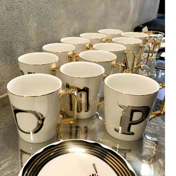 Bone China Cana de Cafea Ceasca si Farfurie de Acasă Drinkware după-Amiază engleză Ceașcă de Ceai Contur de Aur Alfabetul englez Cuplu Cadou Cupe 1