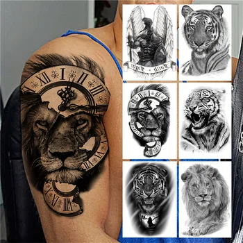 Busola Leu Tatuaj Temporar Pentru Barbati Femei Copii Băieți Fete Tigru Animal Autocolant Tatuaj Fals Negru Războinic Tatuaje Aripi De Hârtie 5