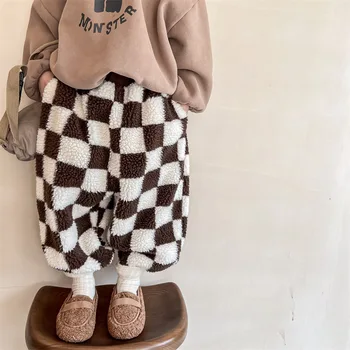Băiatul de Moda de Iarnă Tablă de șah Îngroșa Pluș Lega Picioarele Pantaloni Copii Fete Confortabile, Toate-meci de Miel Fleece Pantaloni Harem 16