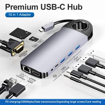 C USB Hub 10 în 1 Dock Ascunse prin Cablu,Gigabit Ethernet 4K HDMI Adapter 60W PD VGA 3.5 mm SD/TF Tip C Hub pentru iPad MacBook Pro