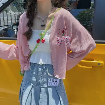 Cardigan Femei Stil coreean Broderie Fată de Moda Simplu Ofertă de Vară Liber de Toate-meci кардиган женский Kawaii Noi 8