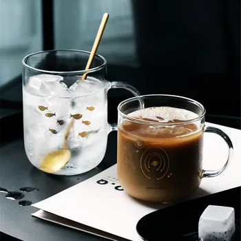 Chic Cana De Sticlă Pește Planeta De Aur De Imprimare Lapte Micul Dejun Suc De Cafea Ceasca De Cristal Transparent Cani Ocupa Drinkware Cuplu Cadouri 10