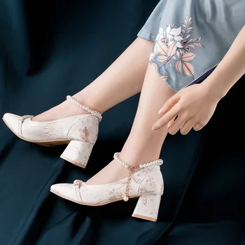 Chineză Stil Retro Unic Pantofi Femei cu toc Înalt Cheongsam Perle Vintage Pantofi Cizme Brodate Qipao Hanfu Pantofi Sandale 13