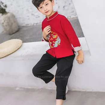 Copii Băiat Chineză Tradițională Hanfu Tang Costum De Toamna Pentru Copii Cu Maneca Lunga Top Set De Pantaloni Dragon Broderie Tai Chi Kung Fu Uniformă 10