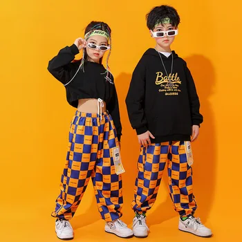 Copil Hip Hop Îmbrăcăminte Hanorac Bluza Crop Top cu Maneci Lungi Streetwear Carouri Pantaloni Jogger pentru Fată Băiat de Dans Costum de Haine