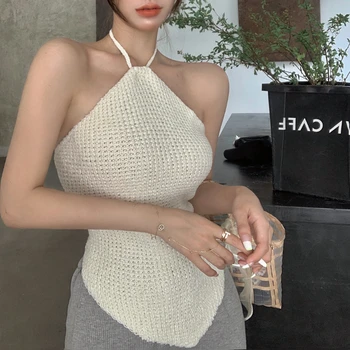 Coreea Style Dulce Babes Ștreangul de Gât Tricotate Bretele Vesta Femei Vara Pură Dorință Alb Sexy Slim Topuri 2