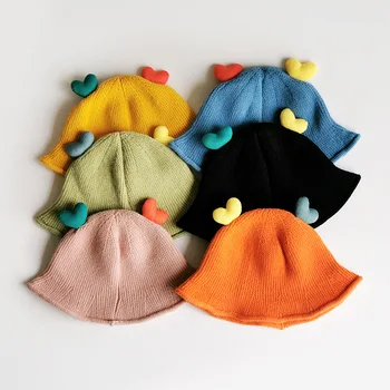 Coreean Toamna copil Pălărie Găleată Colorate Dragoste Tricot Pescar Fete pentru Copii Pălărie de Tricotat Pălării de Lână, Pentru Fete Pentru a se incalzi Iarna Capace 16