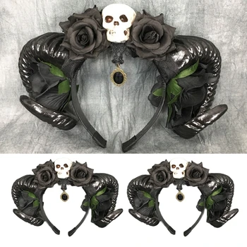 Corn de diavol Bentita Oi Corn de Păr Cerc pentru Halloween Craniu Floare Hairband Gotic Recuzită Tema Creativ Costum Petrecere 2