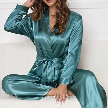 De Culoare verde pentru Femei din Satin de Mătase Pijama Set de Toamna Iarna Pijamale Cu Centura V-Neck îmbrăcăminte de noapte Pentru Femei Îmbrăcăminte Acasă 6