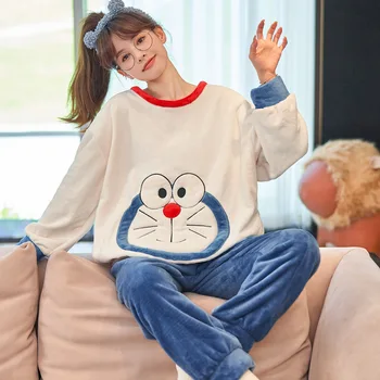 De Iarnă Pentru Femei Seturi De Pijamale Îngroșa Femme Pijamale Pijamale Cat Coreean Anime Doraemon Pijama Set Flanel Moale, Cald, Noapte Poartă 13