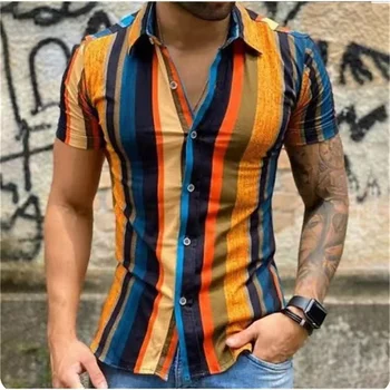 De lux Men ' s Cămașă Sociale Rochie de Seara de Moda de Vara Scurte Slim Top 2023 Polo Butonul de Moda T-shirt Barbati Carouri Stripe Shirt 12