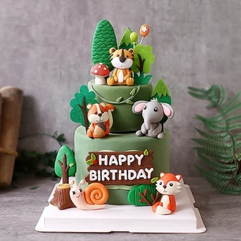 De Pădure Drăguț Animale Desene Animate Caketopper Lut Moale Tigru, Elefant Melc Fox Happy Birthday Cake Decor Sălbatic De Pădure Tema Parti