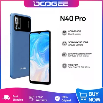 De Vânzare la cald DOOGEE N40 Pro Mobil 6.5 inch 20MP Quad Camera Helio P60 6GB+128GB Smartphone 6380mAh Baterie 24W Încărcare rapidă 12
