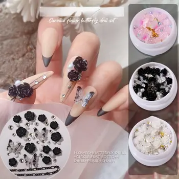 Destul de Camellia Pearl Nails Farmece Fluture Elegant Unghii Bijuterii Lanț de Metal 3D Decorare Unghii Alb-Negru Seria Manichiura