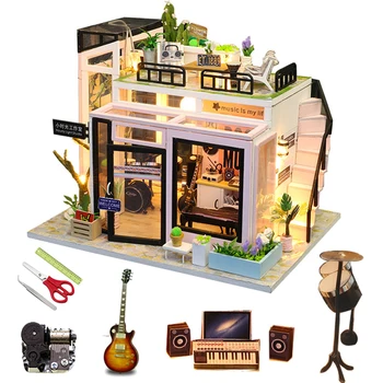 Din Lemn, Păpuși Diy In Miniatura Setul De Constructii Model De Casa Mica Roombox Magazin De Muzică Casă De Păpuși, Cu Mobilier De Cadouri De Crăciun Jucării 15