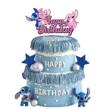 Disney Lilo & Stitch Tema Sclipici Tort Fân Happy Birthday Cake Decor pentru Copii Copil de Dus la Petrecerea de Ziua Decoratiuni Tort