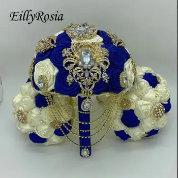 EillyRosia Albastru Regal Crema de Satin Brosa Buchet de Lux Bijuterii Cristale Paiete Ciucure Perle Buchet de domnisoara de Onoare pentru Fete 7
