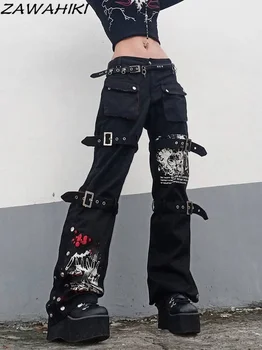 Fata Punk Rock Mozaic Pantaloni Talie Joasa Streetwear Pantaloni Largi Y2K Estetice Blugi Femeie Gothic Metal Decor Pantaloni 10