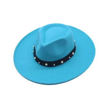 Femei albastru mare-brimmed pălărie fedora cu lant chingi de lână pălărie de top pentru toamna/iarna nou stil de jazz pălărie cu concav-convex partea de sus 13