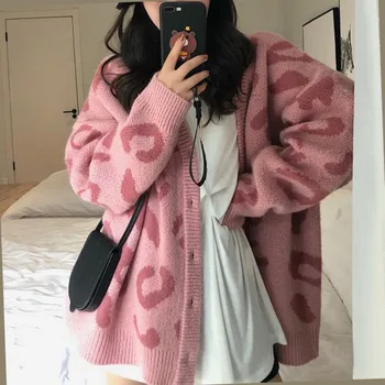 Femei Casual, Pulovere De Moda Coreeană Spring Pink Leopard V-Neck Cardigan Cu Maneci Lungi Vrac Haina Pull Vetement Femme Sueters 9