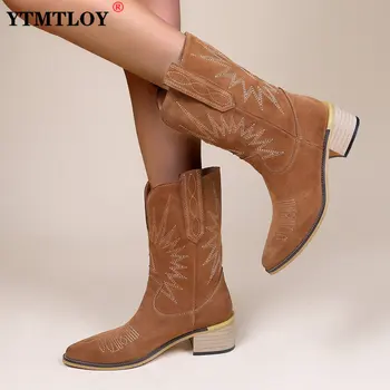 Femei Cizme de Cowboy Bottine Femme Epocă a Subliniat Deget de la picior la Jumătatea Vițel Cizme cu Toc Patrat Genunchi Ridicat Aluneca pe Papuceii Botas De Mujer