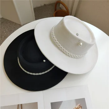 Femei Lanț Pearl Fedora High Fashion cu Perle Ace Ciocni Cap Negru Alb Autumen Iarna Doamnelor Pălării Margine Largă Fată Pălărie 14