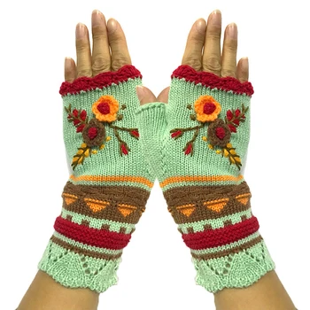 Femei Manusi Floare Croșetat De Tricotat Jacquard Mănuși De Degete Mănuși, Mănuși Fără Degete Groase De Iarna Vintage 7