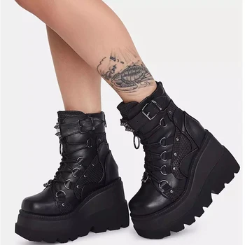 Femei pe Platforma Cizme Toamna Iarna Botines Moda Negru Punk Goth Femeie Glezna Cizme Pene Pantofi din Piele Botas Femininas